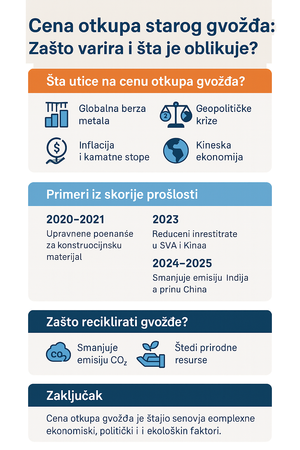 Infografika o faktorima koji utiču na cenu otkupa starog gvožđa – globalna berza, potražnja, inflacija, geopolitičke krize, Kina.